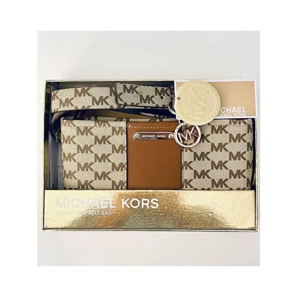 NWT Gorgeous Michael Kors L/XL Waist Fanny Pack Tan Brown Gold Monogram Belt Bag